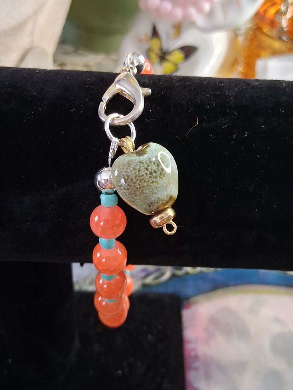 Coral Bead Bracelet Charm with Green Heart Accent